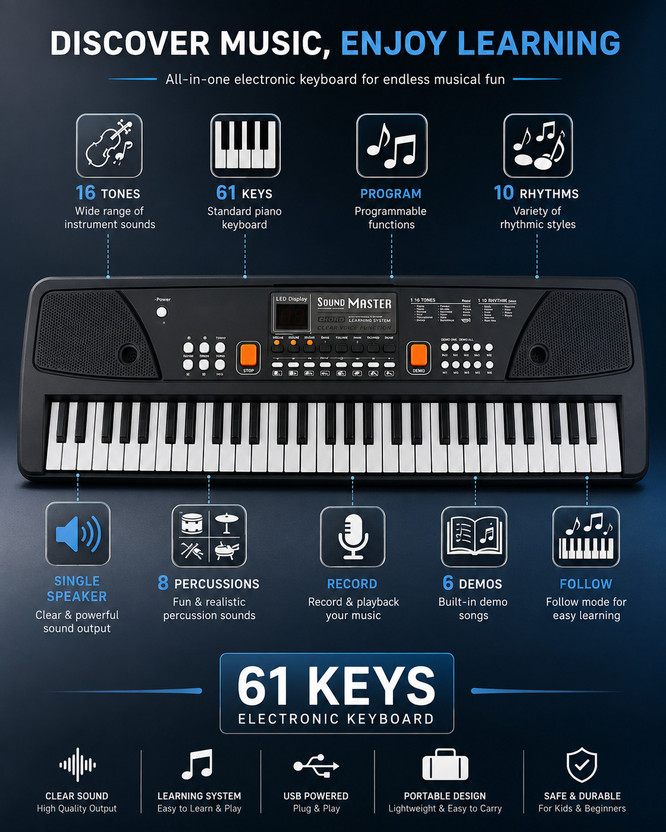 Mini Magic 61 Keys Keyboard Piano Portable Electronic Keyboard for Beginner & Professional(Black)