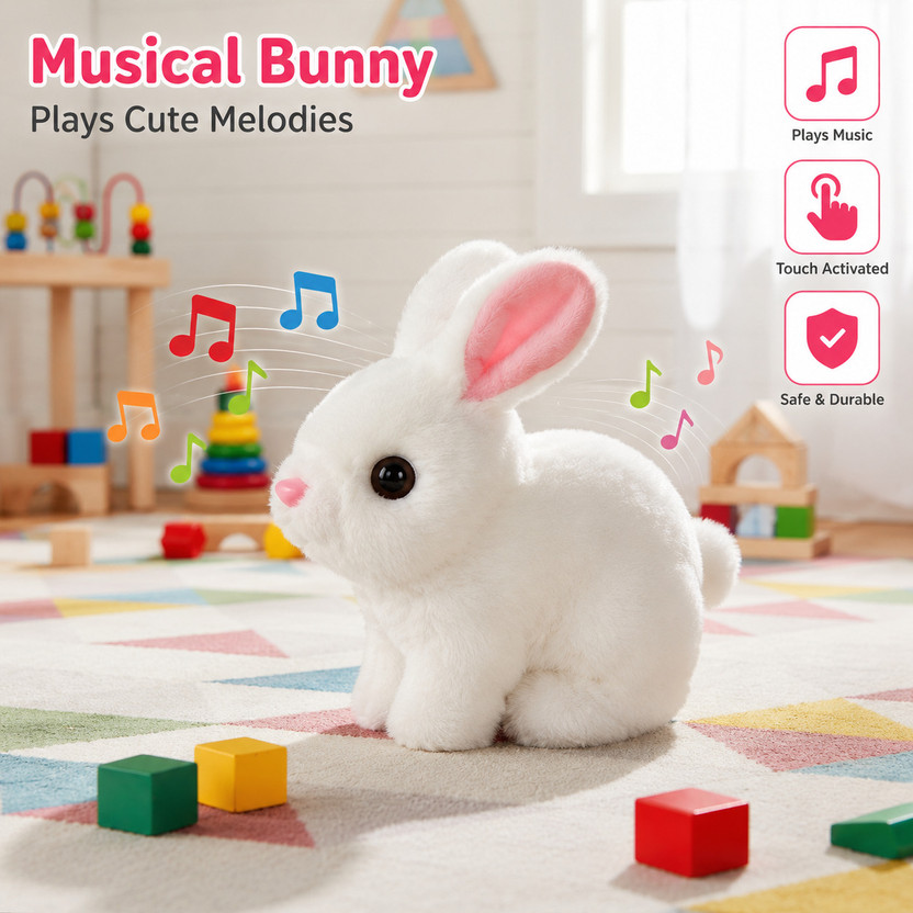 S sukan tex Soft Musical Bunny Rabbit Toy for Kids Cute Plush Sound Toy White(White)