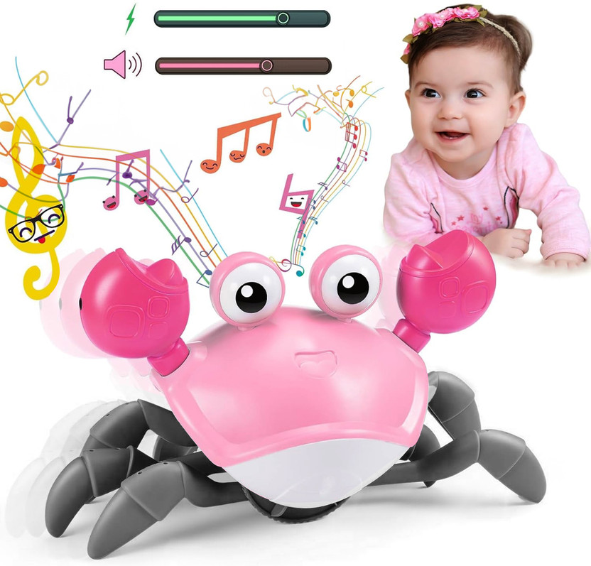 KIDOLOGY Interactive Crawling Crab Toy for Babies | LED Lights, Music & Rechargeable Fun(Pink)