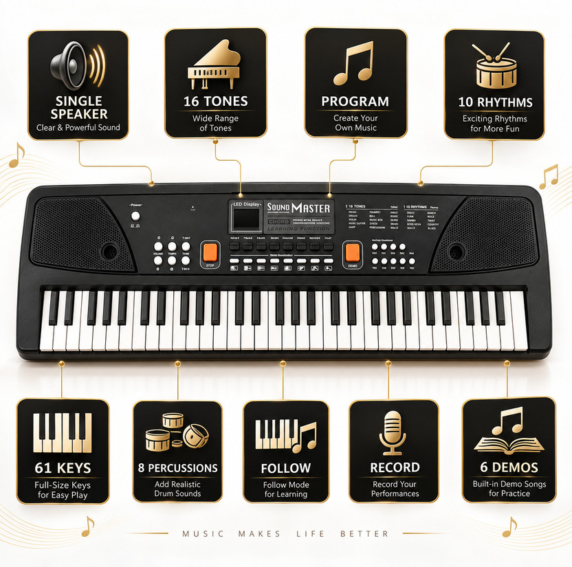 Mini Magic 61 keys electronic-multi-function portable piano keyboard with led display & mic(Black)