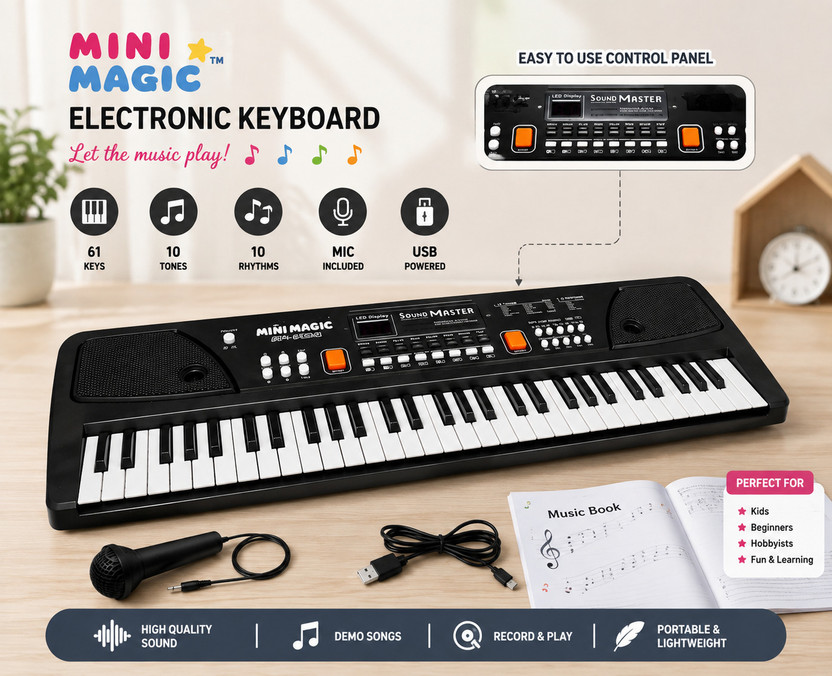 Mini Magic Piano 61 Keys electronic multi-function portable piano keyboard display & mic(Black)