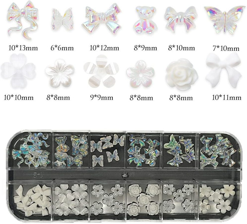 Beauzy 3D Shell Flower, Nail Art Palette Decorations, 12 Grids Arora Bow Butterfly,(WHITE)