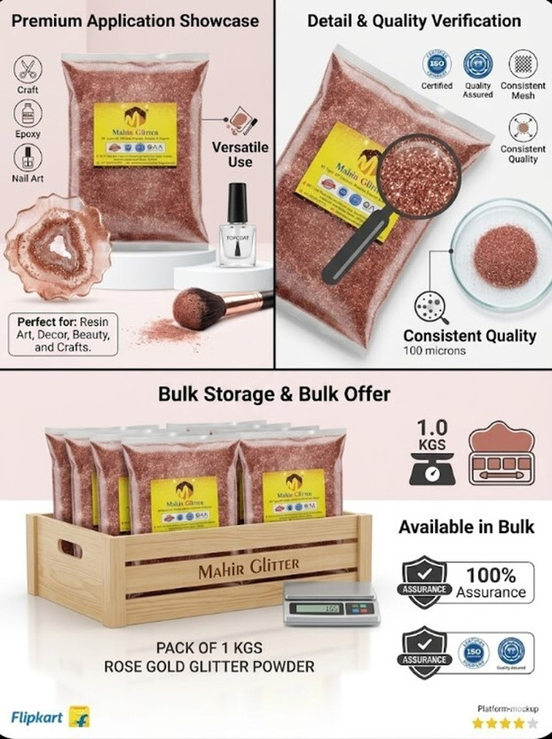 Mahir Glitter Premium Rose Gold 1kg Bulk Pack for Epoxy, Nails & DIY Art(Premium Rose Gold)