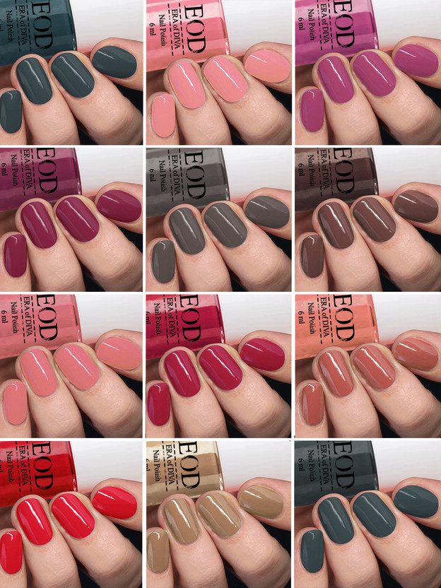 EOD Gloss Pop Shine Long Stay Nail Paint Polish Set Combo of 12 Pcs at Wholesale Rate 6ml each Red,Pink, Grey, Green,Nude, Light Pink, Brown, Mauave etc(Pack of 12)