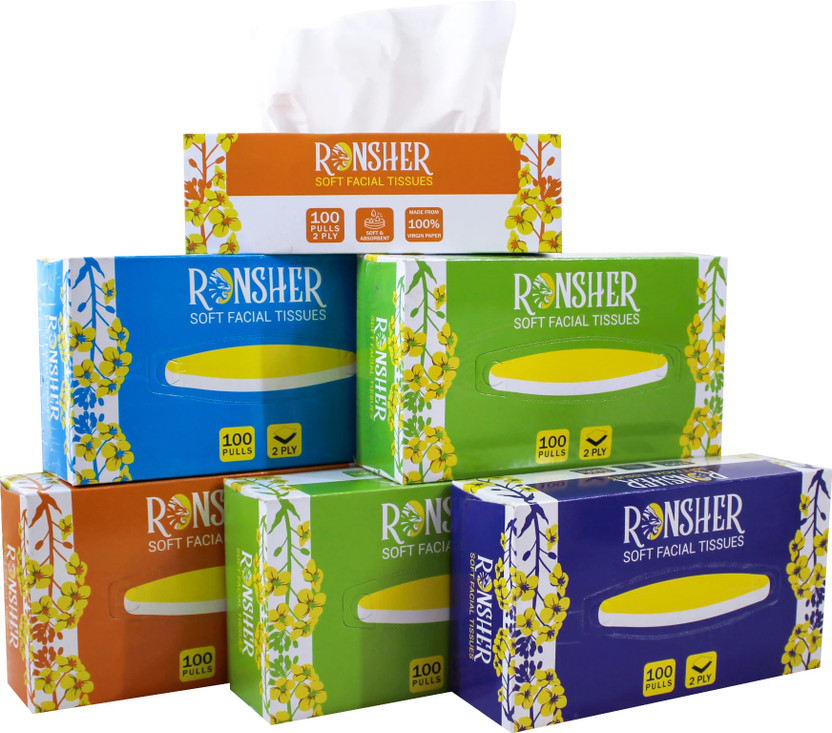 RONSHER 2 Ply Pack of 6 Tissue Box With 100 pulls each White Paper Napkins White Paper Napkins(6 Sheets)