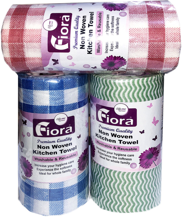 fiora Non Woven Reusable Kitchen Towel Roll|80 Sheets in Each Roll Pack of 3 Checkered/Zigzag Multi color Paper Napkins(240 Sheets)