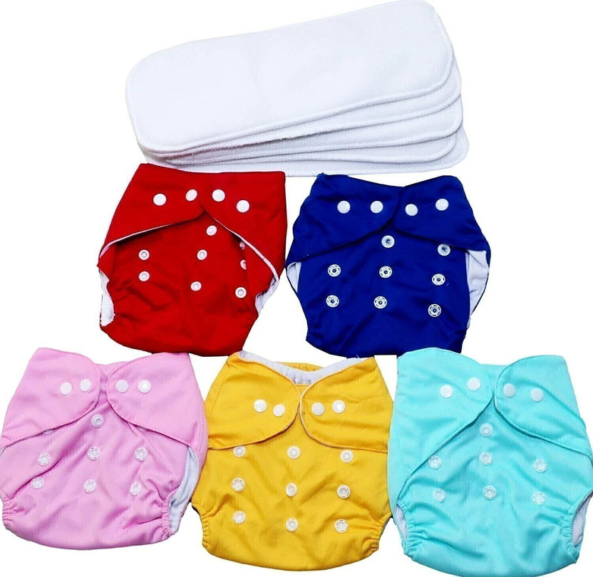 vsol Adjustable Quick Dry Washable Reusable Cloth Diaper Nappy With White 5 Layer Microfiber Bamboo Changing Insert Pads For Toddlers/Babies/New Borns (0-36 Months) - (5 + 5 Combo - 10 Pieces)