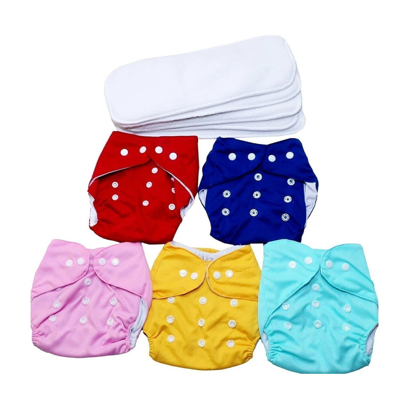vsol Adjustable Quick Dry Washable Reusable Cloth Diaper Nappy With White 5 Layer Microfiber Bamboo Changing Insert Pads For Toddlers/Babies/New Borns (0-36 Months) - (5 + 5 Combo - 10 Pieces)