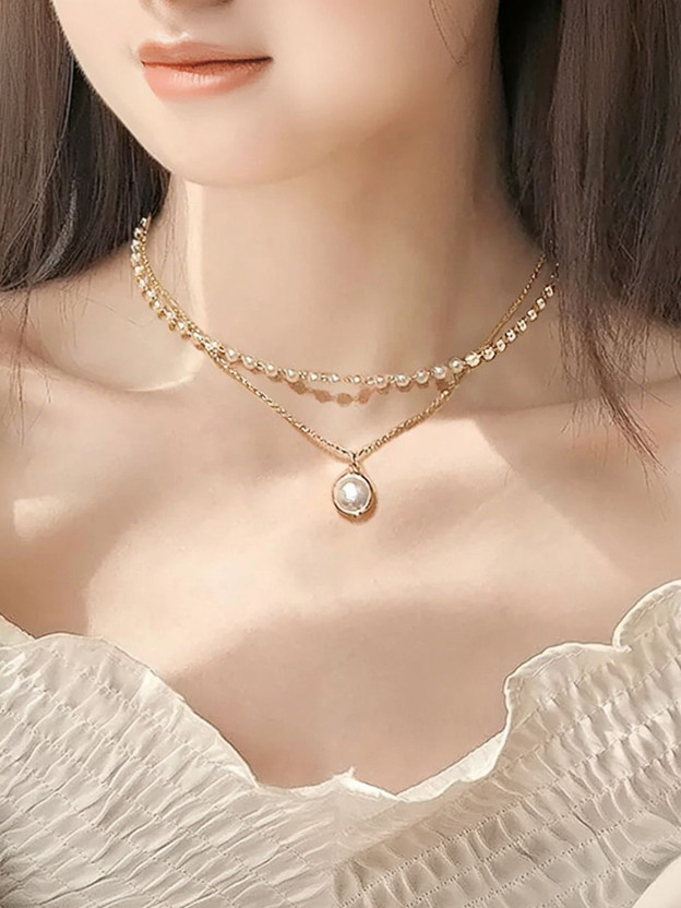 Vembley Gold Plated Pearl Double Layered Pendant For Women Gold-plated Plated Copper Necklace