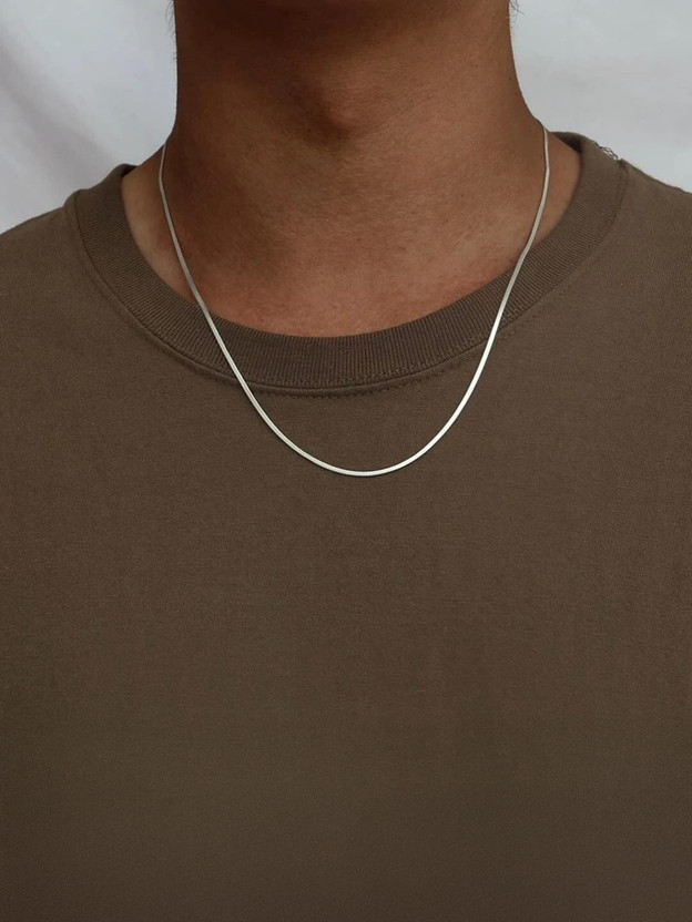 VAMA Stainless steel Herringbone Flat Snack Above Chest Neck Chain Necklace (2mm) Silver Plated Metal Necklace