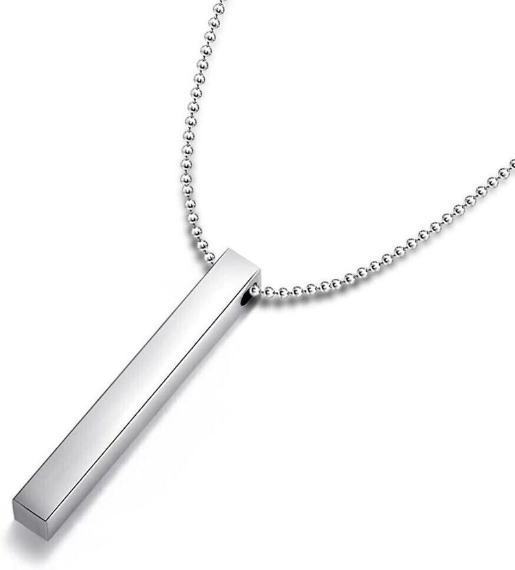 THE MEN THING Titanium Steel 3D Silver Cuboid Vertical Bar Pendant with 24inch Ball Chain Silver Plated Stainless Steel Necklace