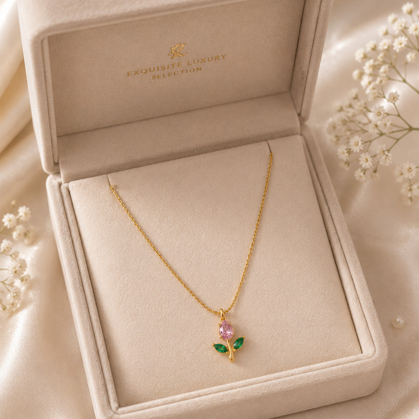 SANJHI Tulip Bloom Pendant Necklace Crystal Gold-plated Plated Copper Necklace