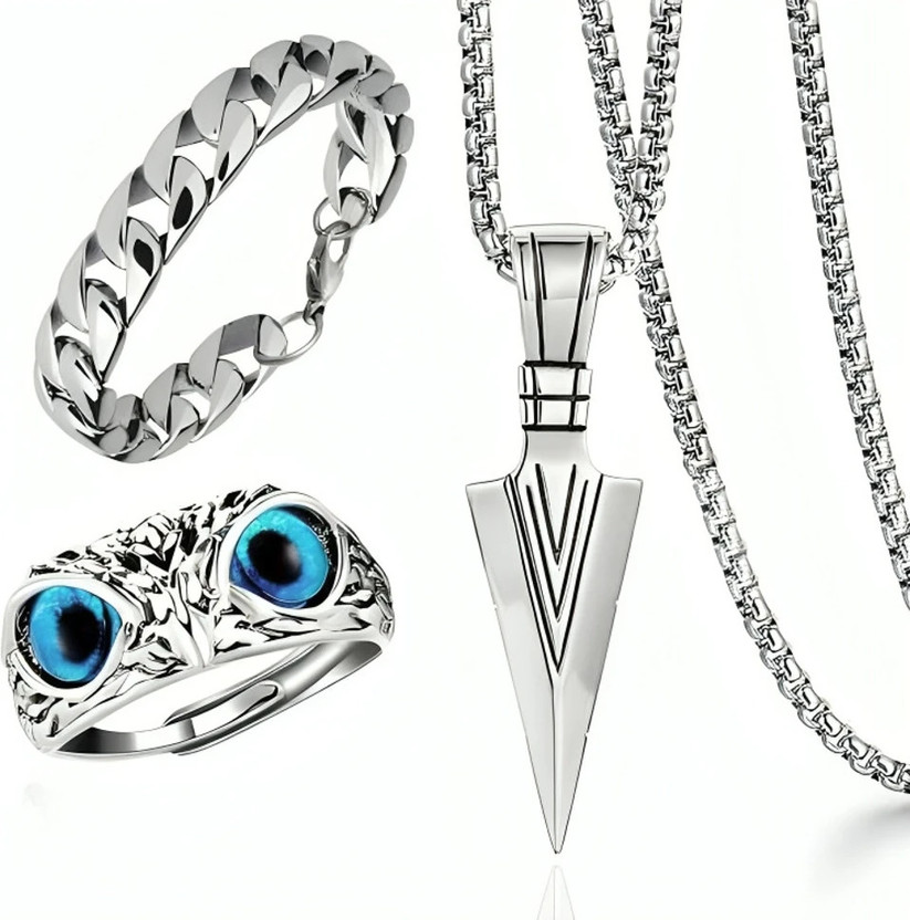 RV RV jewels Men Arrow Locket & Owl Ring & Silver Bracelets pack of 3 item Stainless Steel Chain - Flipkart Deal