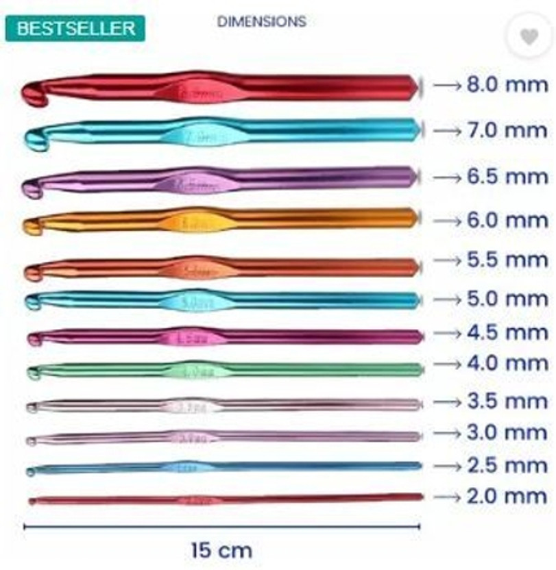 HINSHITSHU Crochet Hook Set – 12 Pcs (2mm to 8mm) | Multi-Color Aluminium Knitting Needles Hand Sewing Needle(Crochet Needle 15 cm length, 2mm to 8mm Pack of 12)