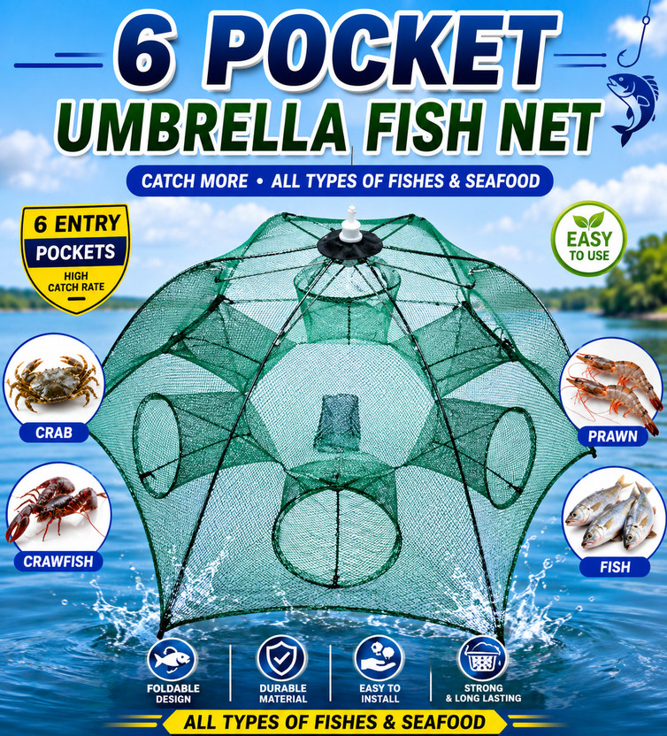 himu 6 Pocket Umbrella Fish Trap Net | Foldable Fishing Net Trap Fishing Net(Green)