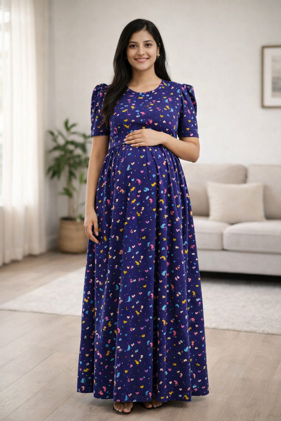 JAANU CREATIONZ Women Maternity/Nursing Nighty(Blue)