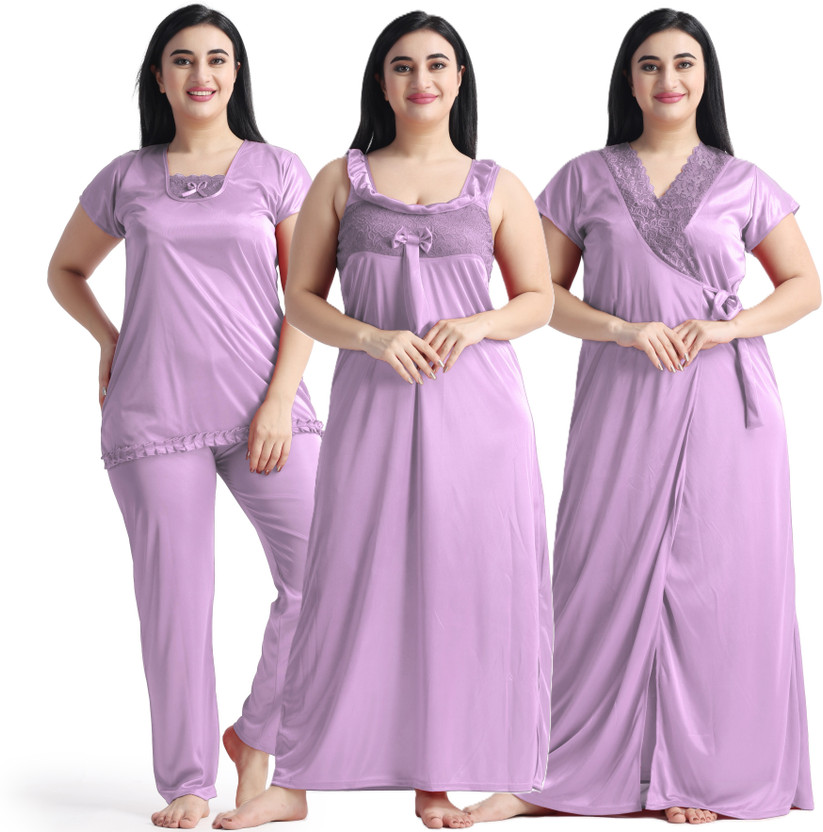 NIGHT KEYS Women Nighty with Robe(Purple)