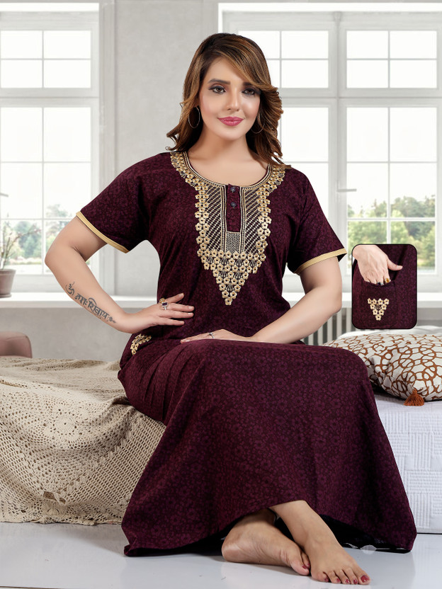 SHLOKE Women Nighty(Maroon)