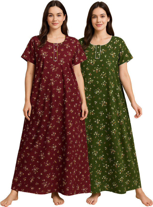 bahumaan Women Nighty(Maroon, Dark Green)