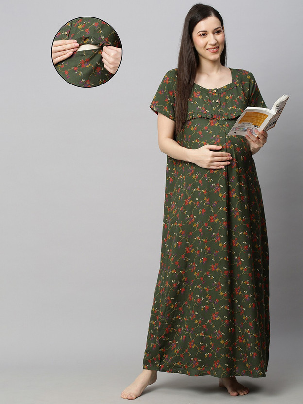 MomToBe Women Maternity/Nursing Nighty(Green)