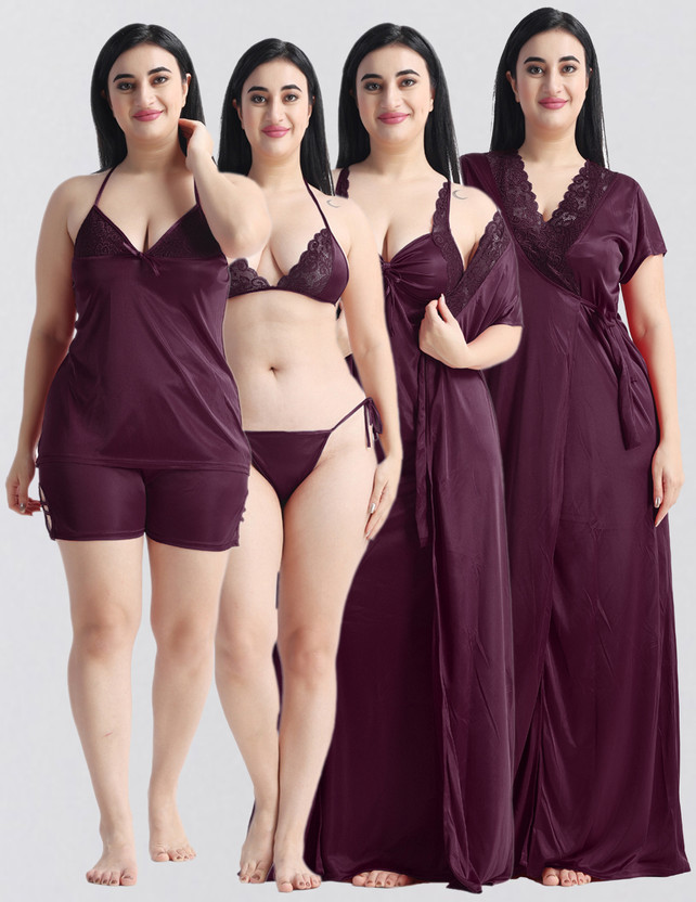 NIGHT KEYS Women Nighty with Robe(Purple)