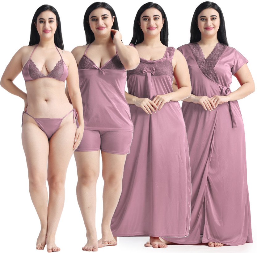 NIGHT KEYS Women Nighty with Robe(Pink)