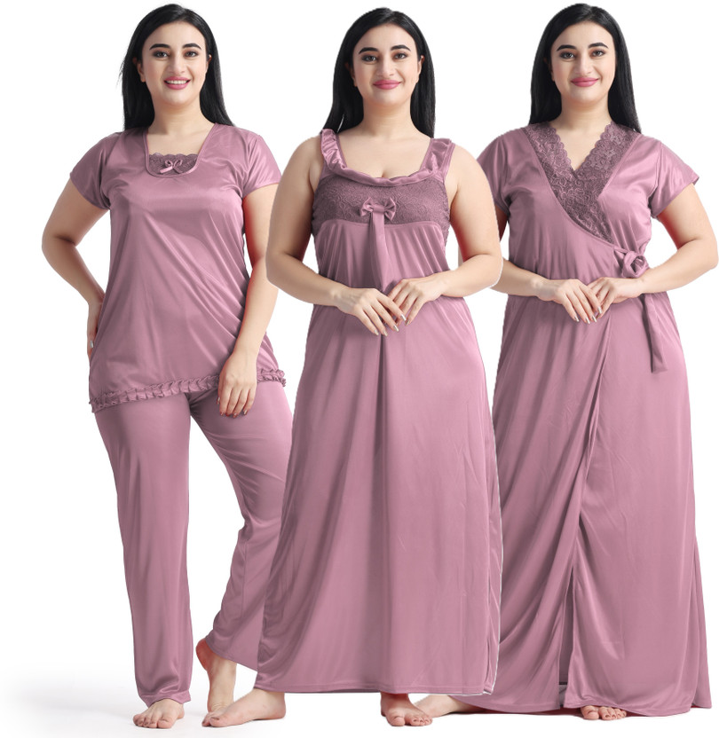 NIGHT KEYS Women Nighty with Robe(Pink)