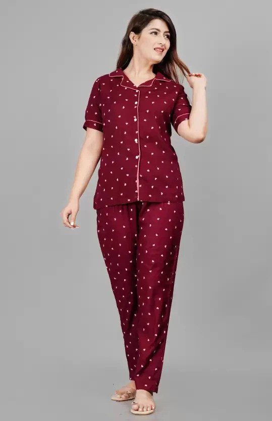 SHIV TEXTILE Women Printed Maroon Night Suit Set