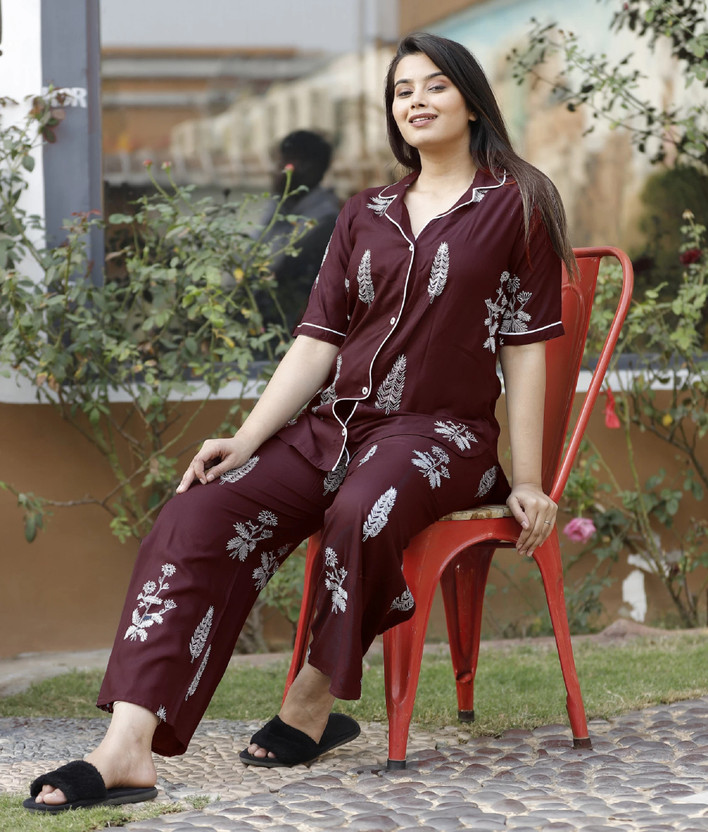 TRINABH Women Printed Maroon Shirt & Pyjama set