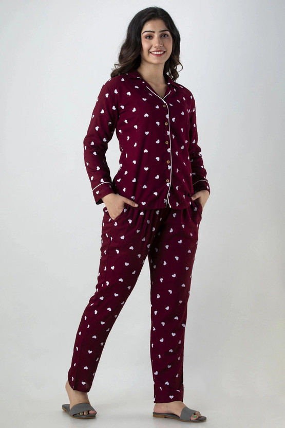 TIGERSNAKE Women Printed Maroon Shirt & Pyjama set