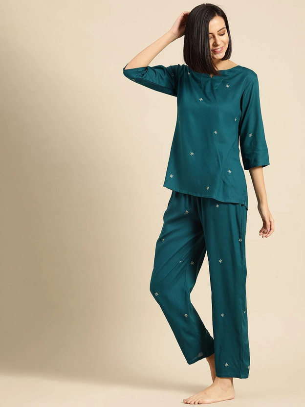 DreamBe Women Solid Dark Green Night Suit Set