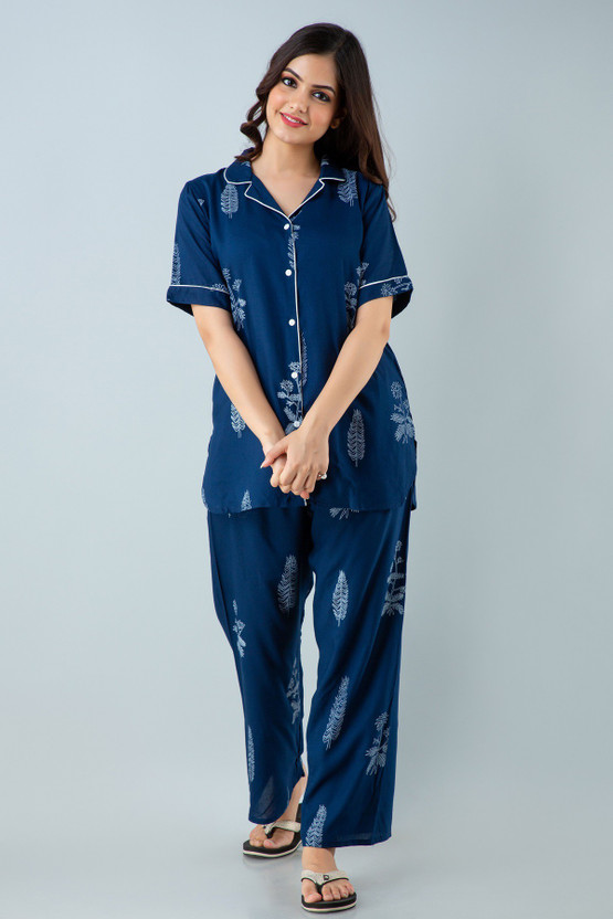 PINGALA Women Striped Light Blue Night Suit Set