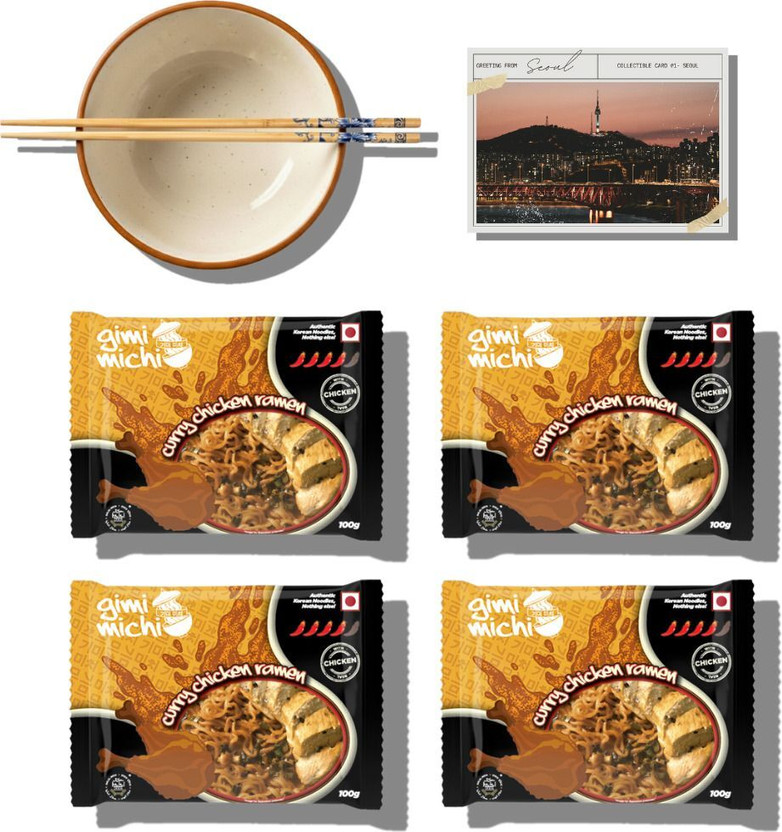 Gimi Michi Korean Curry Chicken Experience Box - Ramen Bowl + Chopsticks + 4 packs Ramen Instant Noodles(4 x 250 g)