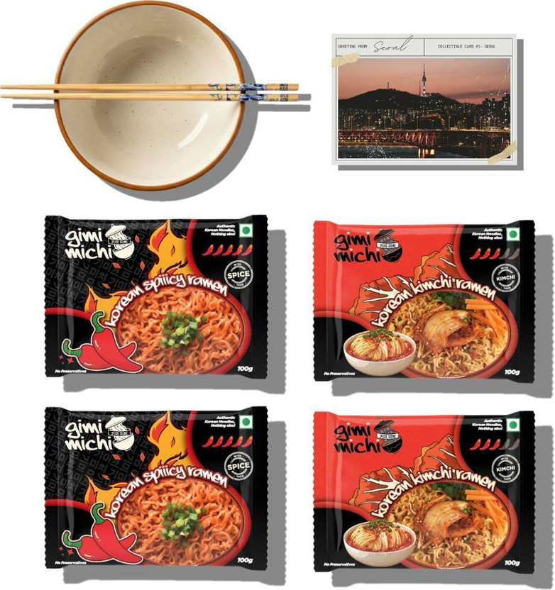 Gimi Michi Korean Veg Experience Box: Bowl+Chopsticks+2 Korean Kimchi Ramen+2 Spicy Ramen Instant Noodles Vegetarian(4 x 250 g)