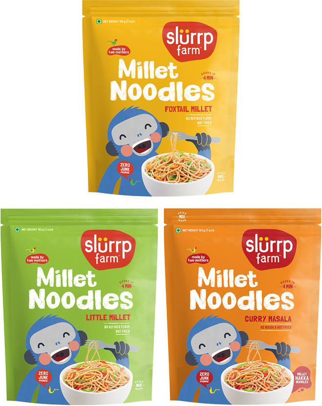 Slurrp Farm No Maida Not Fried Foxtail, Little Millet & Curry Masala, Pack of 3 Hakka Noodles Vegetarian(3 x 192 g)