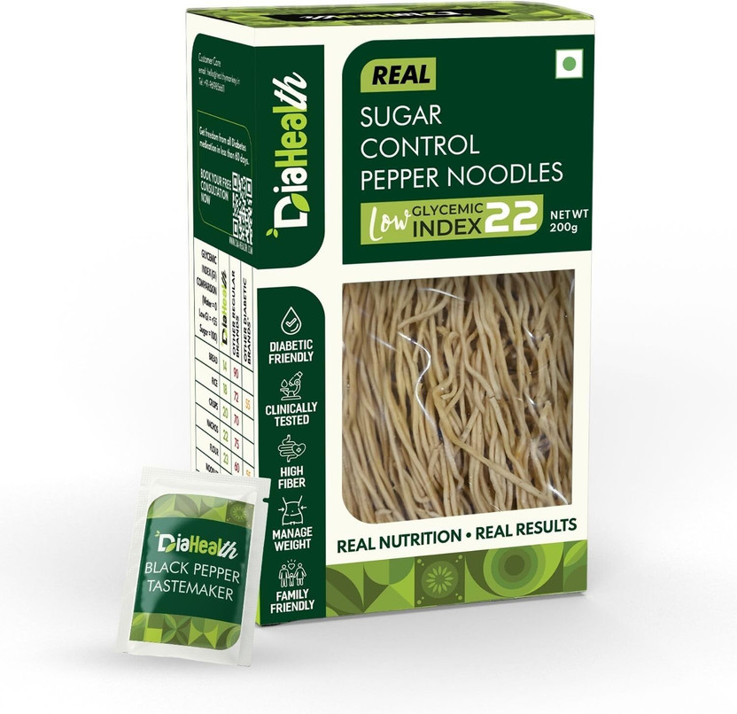 DIAHEALTH Sugar Control Pepper Noodles, Low GI 22, High Protein & Diabetic Friendly Instant Noodles Vegetarian(200 g)
