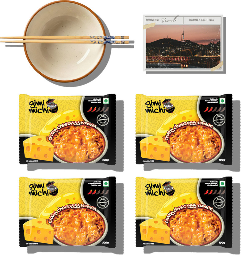 Gimi Michi Korean Cheesy Experience Box - Ramen Bowl + Chopsticks + 4 packs Cheesyy Ramen Instant Noodles(4 x 250 g)