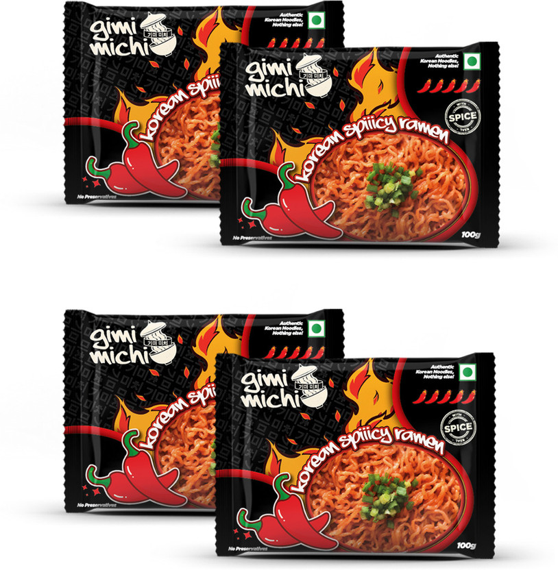 Gimi Michi Korean Spiiicy Ramen Pack of 4 (400gm) - Authentic Veg Korean Ramen Instant Noodles(4 x 100 g)