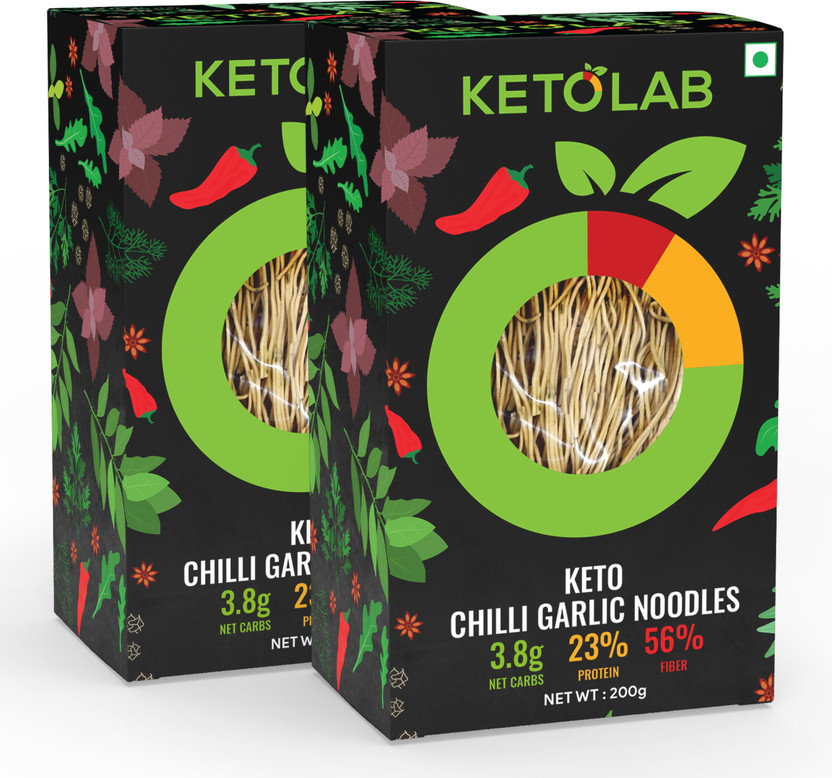 Ketolab Keto Chilli Garlic Noodles Spaghetti, 3.8g Net Carb, 23% High Protein, 56% Fibre Instant Noodles(2 x 200 g)