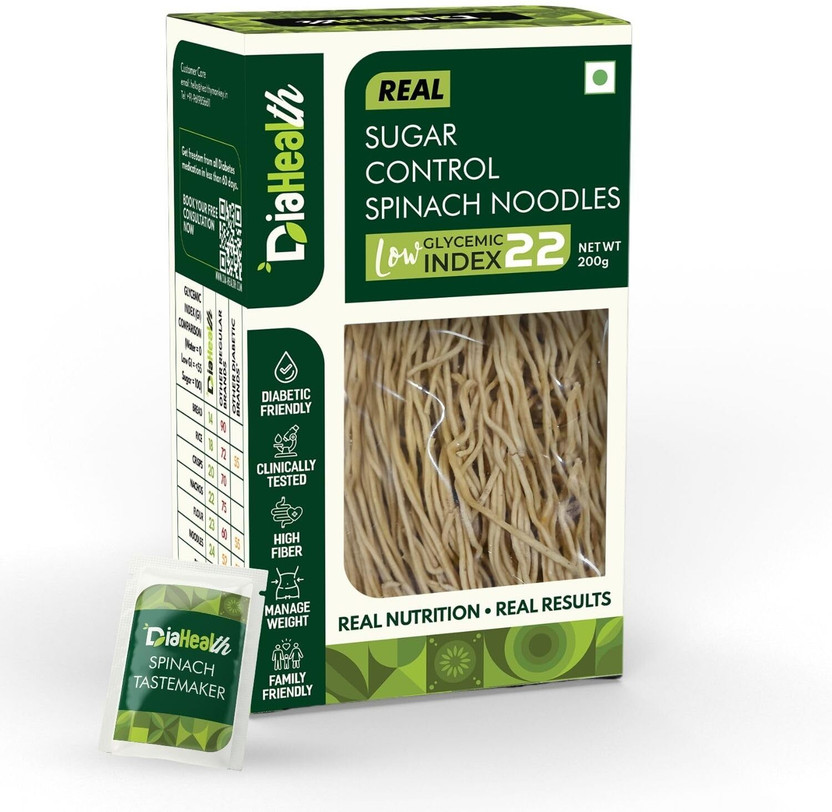 DIAHEALTH Sugar Control Spinach Noodles, Low GI 22, High Protein & Diabetic friendly Instant Noodles Vegetarian(200 g)
