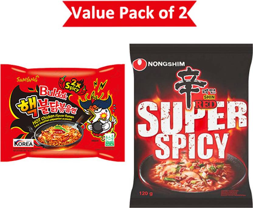 Samyang Buldak Ramen 2X Hot spicy Noodles & Nongshim Shin Red Super Spicy Instant Noodles Non