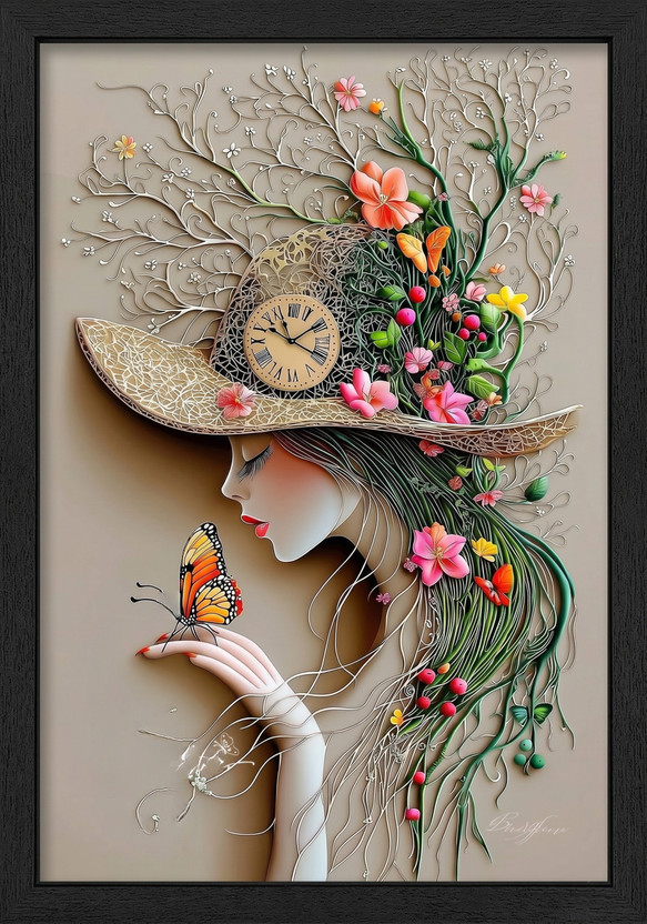 photoframe MDF Wall Photo Frame(Black, 1 Photo(s), A4 Premium Wall Art Frame – Elegant Lady with Floral & Butterfly Design | Modern Decorative Painting with Clock Theme | High-Quality Matte Finish Wall Decor for Living Room, Bedroom, Office)