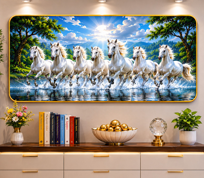 SM CRAFT Running horse large painting for living room, wall decoration, Home decoration Digital Reprint 24 inch x 12 inch Painting(With Frame)