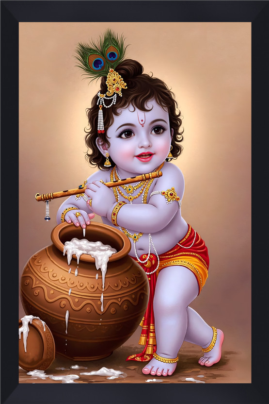Gita Govinda Little Krishna glossy photo frame (BL(2)-KR 119) Digital Reprint 13.5 inch x 10.25 inch Painting(With Frame)