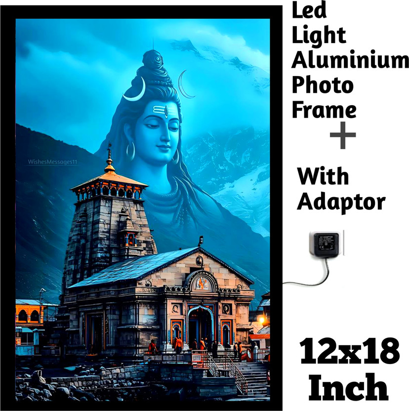 BauddhaStudio Metal Wall Photo Frame(Black, 1 Photo(s), Kedarnath Temple Led light Aluminium photo frame 12x18 inch)