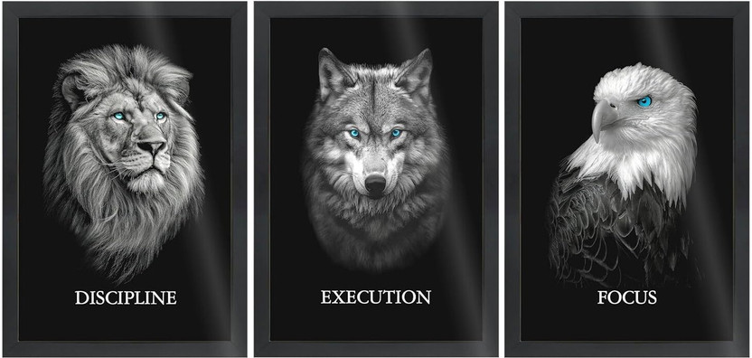 xLane Polymer Wall Photo Frame(Black, 3 Photo(s), Motivational Wall Frames - Discipline, Execution, Focus Rectangular Photo Frame | Lion, Wolf & Eagle Inspirational Quotes - Modern Black and White Wall Photo Frames for Home & Office (Set Of 3 ) - A4 Size)