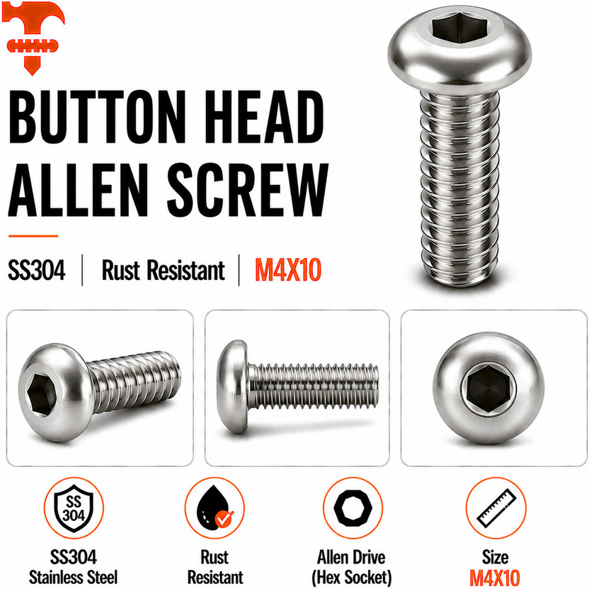 fasteners farm Bolt Bolt Allen Button Head Screw M4x10 Pack of 50(4x10MM) (Stainless Steel)(Stainless Steel)