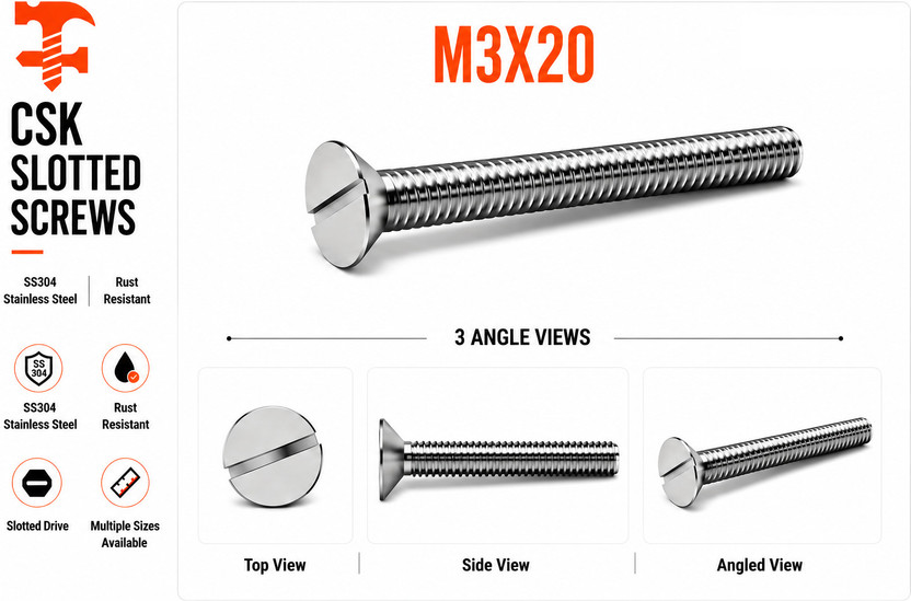 fasteners farm Bolt SS 304 CSK Slotted Screw M3X20 Pack 0f 50 (3X20mm)(Stainless Steel)