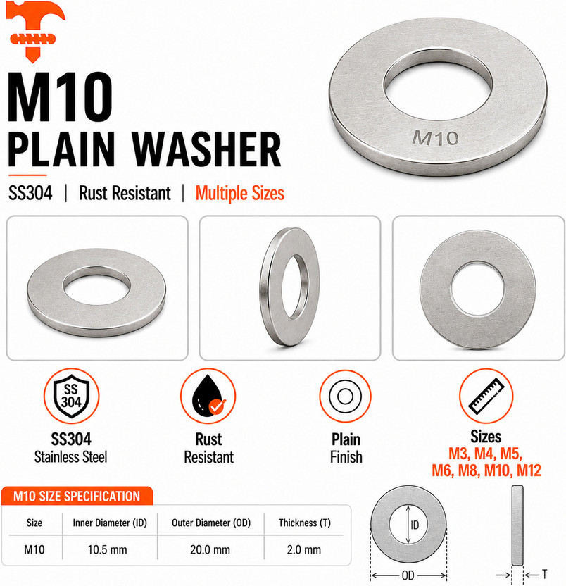 fasteners farm Bolt Plain Washer M10 Pack of 60(Stainless Steel)