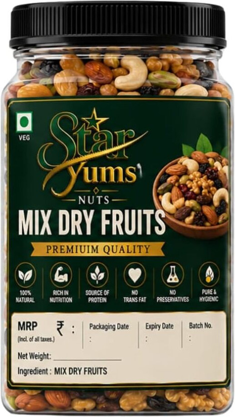 Star Yums Premium International Healthy Nutmix | dry Fruit | Trail Mix | Mix Nuts Almonds, Apricots, Raisins, Walnuts, Cashews, Chokeberries, Dry Dates, Pistachios, Watermelon(1 x 900 g)